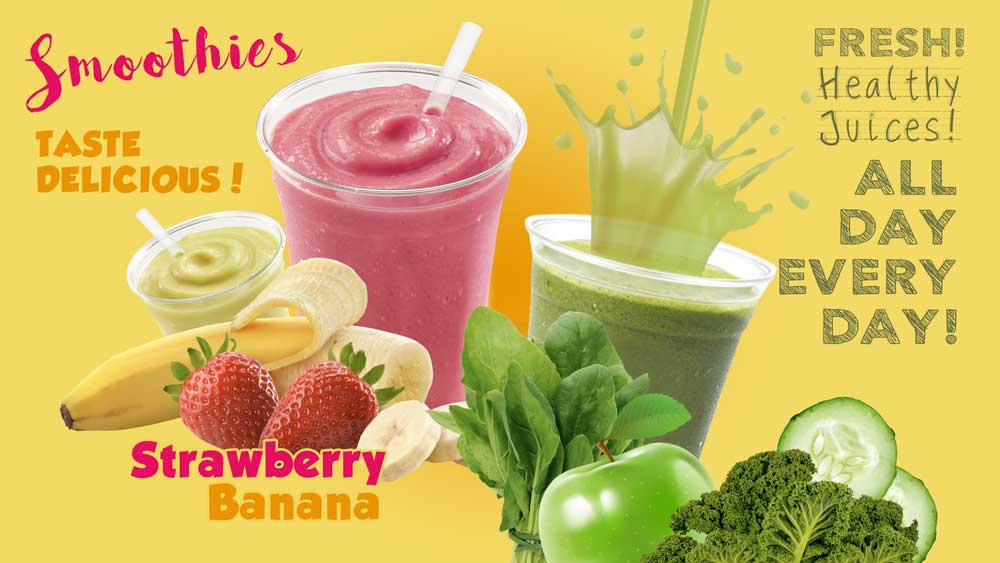 Strawberry Banana Smoothies and Fresh Healthy Juice.
