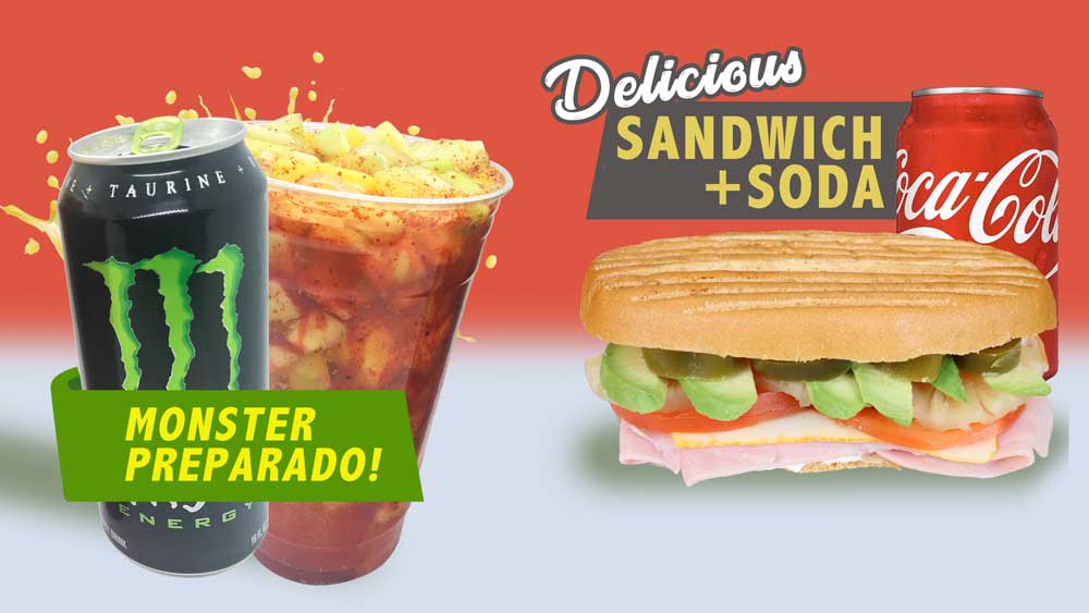 Monster Preparado and a Sandwich with a can Soda.