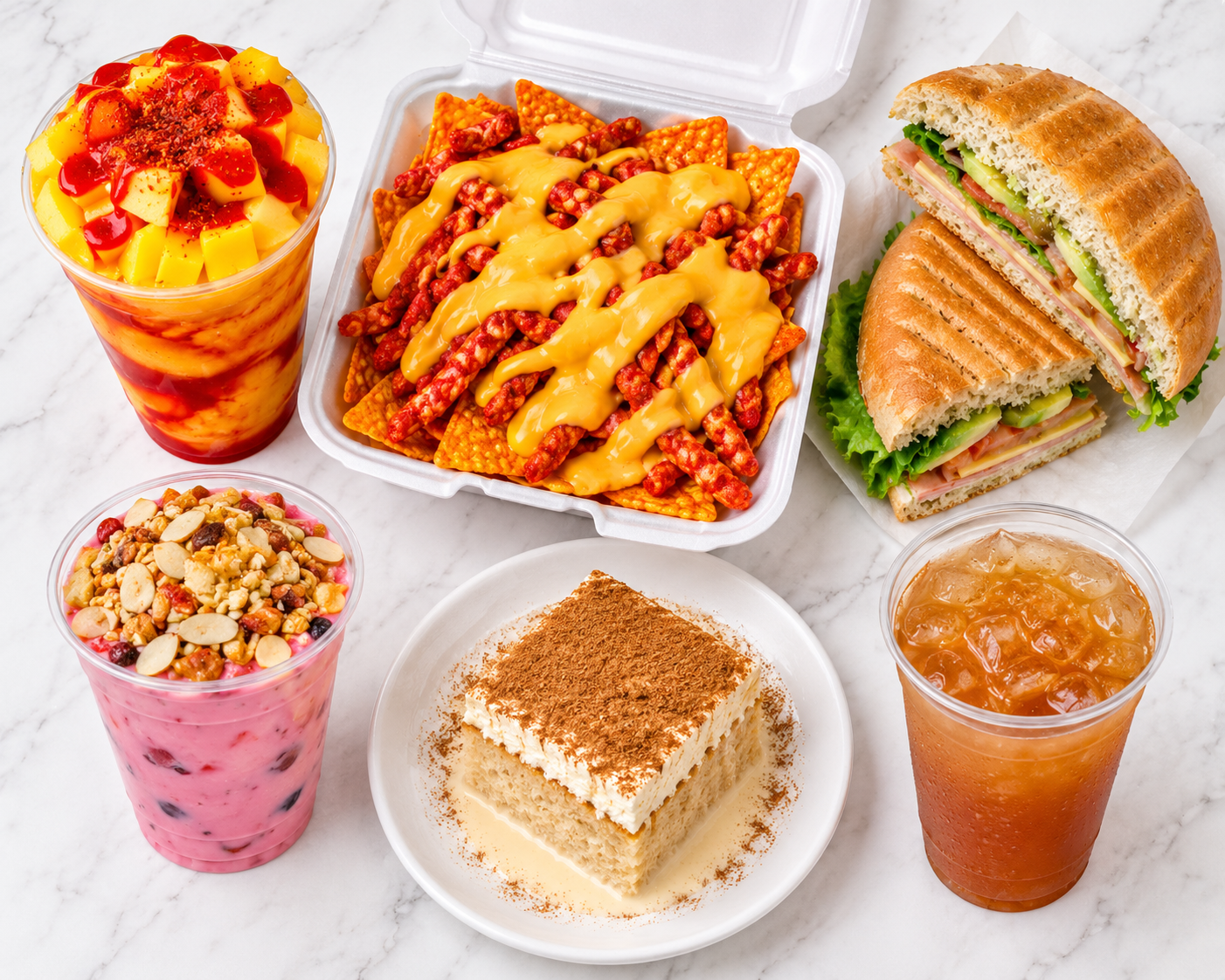 A colorful selection of Fragola drinks, yogurt, tortas and Mexican snacks